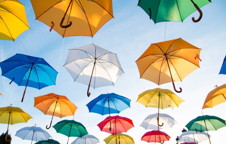 a group of umbrellas in the sky