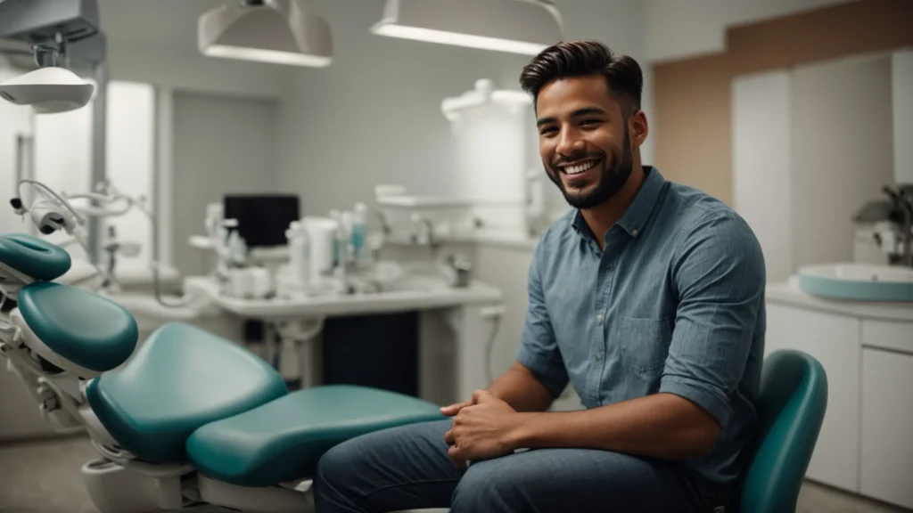 a smiling person sitting in a dental office, looking confident while talking to a dentist.
