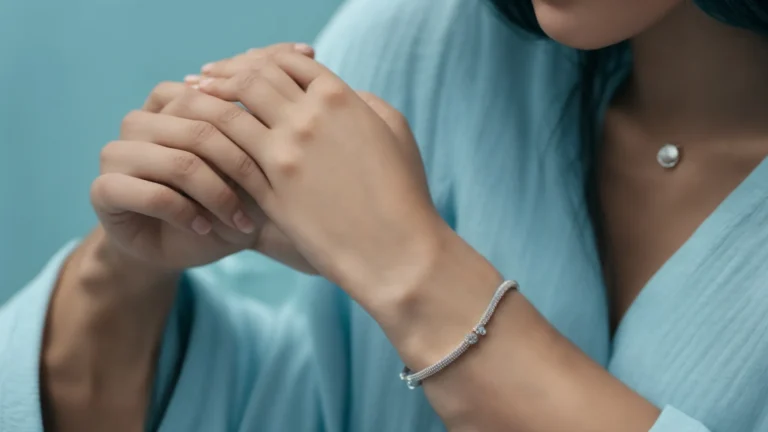 a person gently massaging their own wrist over a soft blue background.