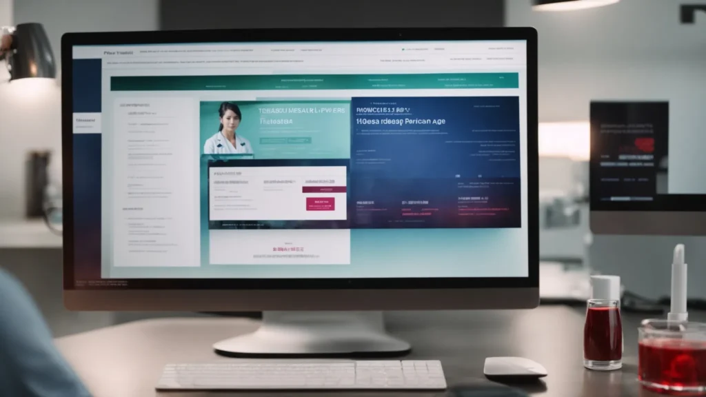 a computer screen displays a website offering various blood test packages, with a healthcare professional in the background.