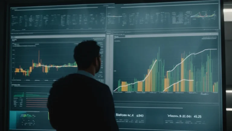 two researchers in a lab examining a large screen displaying charts and graphs, discussing tirzepatide.