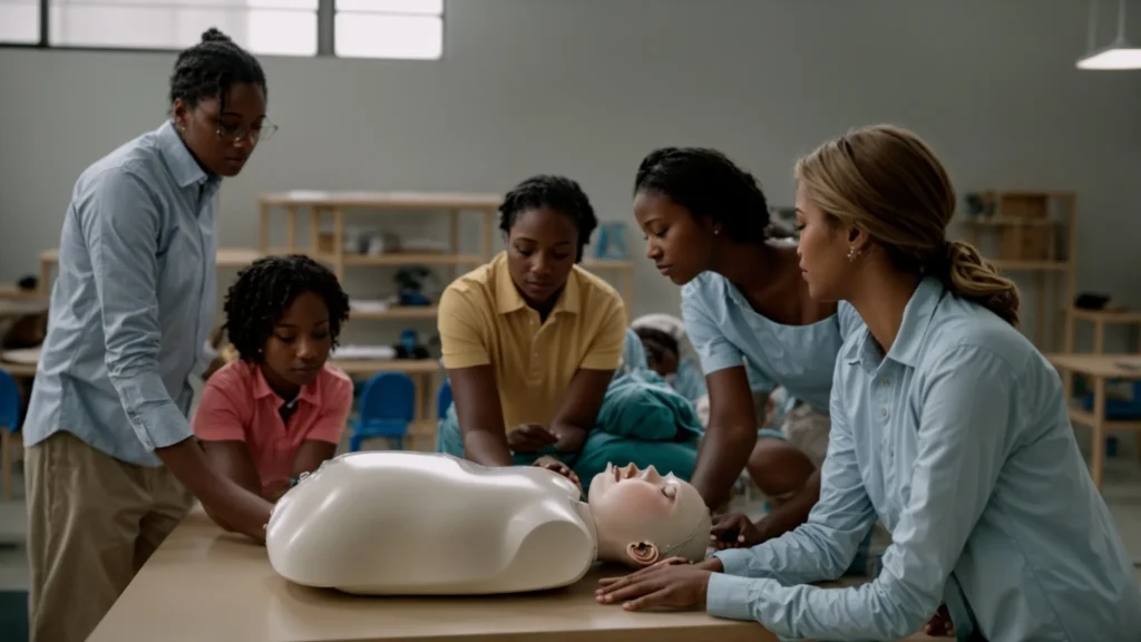 Infant CPR Certification Classes in Columbus 4 a group of adults surrounding and practicing cpr on infant mannequins under the guidance of an instructor in a well-lit classroom.