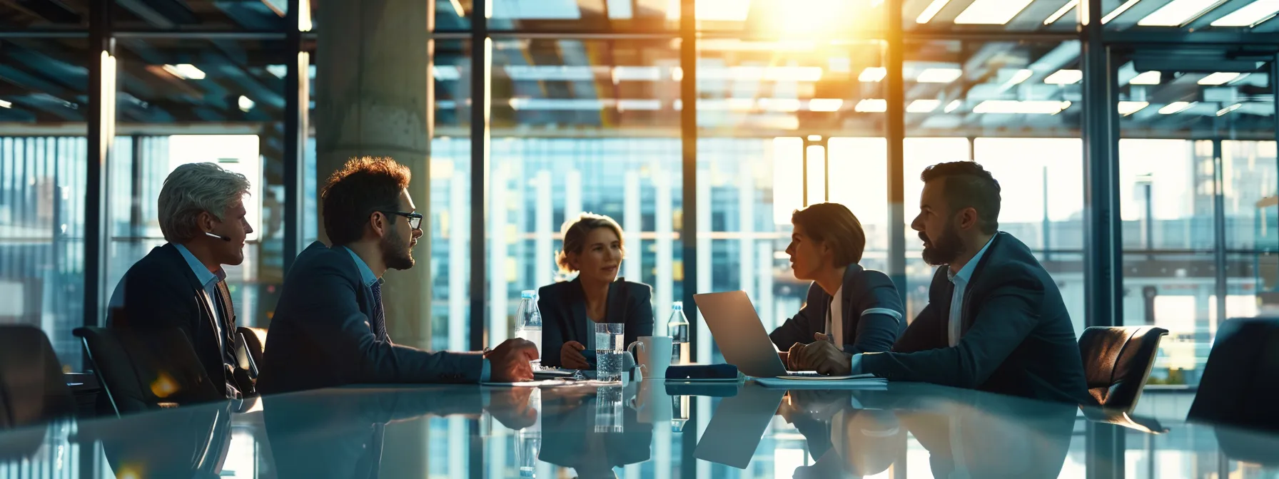 a group of business professionals engages in a focused discussion around a conference table.