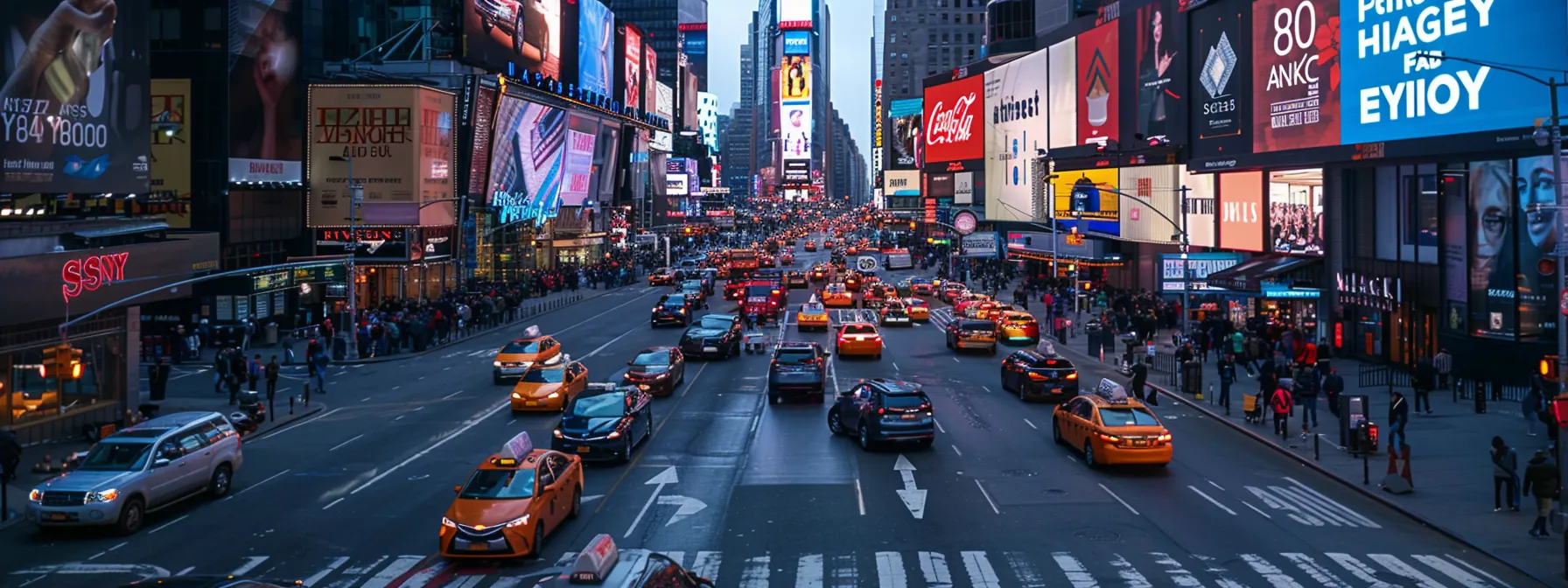 a bustling new york street showcases digital billboards advertising top marketing agencies.